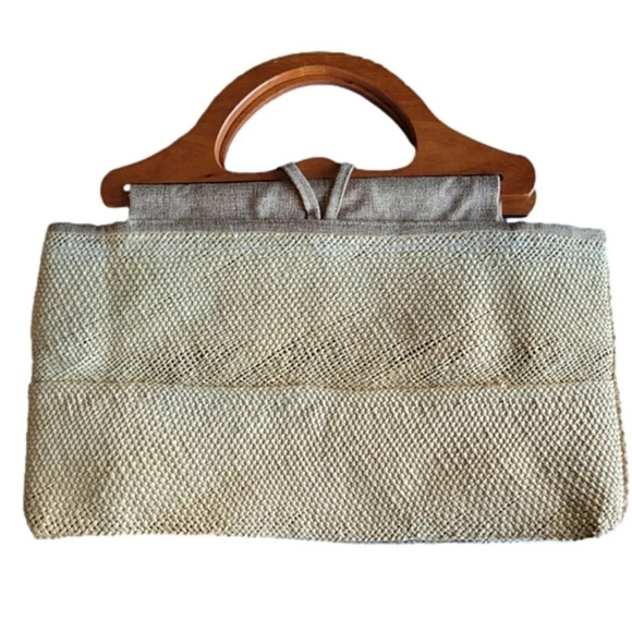 Hand Made Jamaican Retro Raffia Floral Woven Straw Wooden‎ Handle Tote Bag Purse - Picture 2 of 8